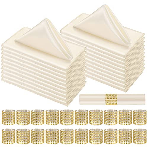 Tatuo 50 Sets Ivory Satin Napkins and Rings Set 17 x 17 Inch Square Dinner Cloth Napkins Holder Bulk for Wedding Party Supplies Banquet Parties Dinner DecorationIvory - Image 1