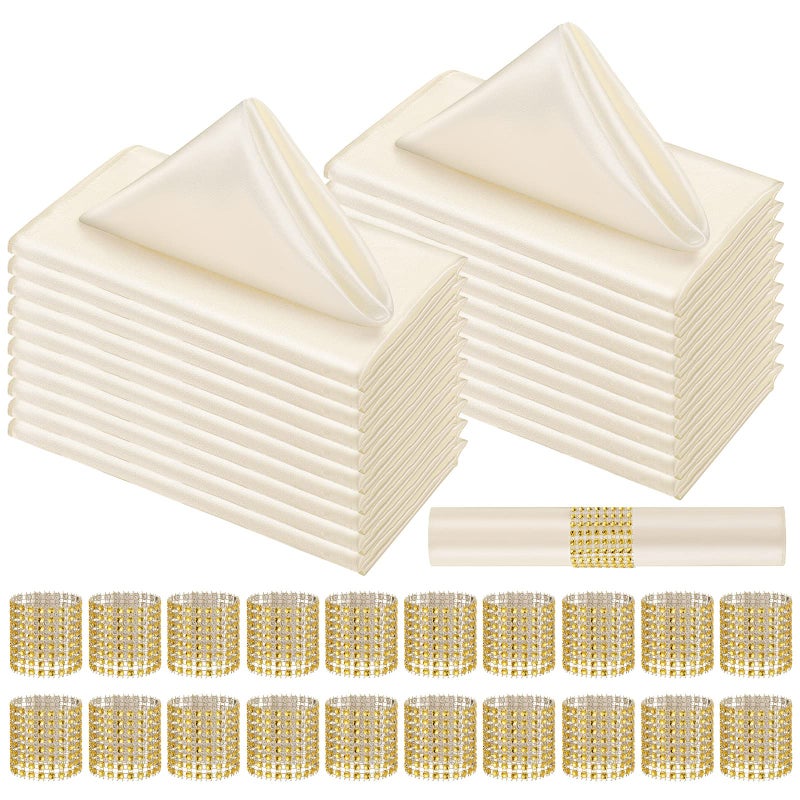 Tatuo 50 Sets Ivory Satin Napkins and Rings Set 17 x 17 Inch Square Dinner Cloth Napkins Holder Bulk for Wedding Party Supplies Banquet Parties Dinner DecorationIvory - Image 2