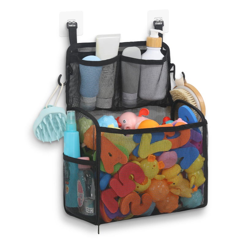 Goowin Bath Toy Storage Holder  Large Openings Bath Toy Organizer  Large Capacity Mesh Bathtub Toy Storage  Multi Use Bath Tub Toy Holder For Bathroom (Black) - Image 1