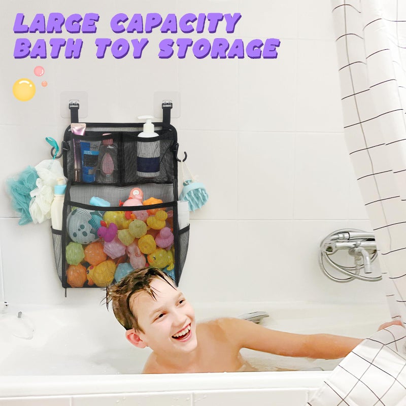 Goowin Bath Toy Storage Holder  Large Openings Bath Toy Organizer  Large Capacity Mesh Bathtub Toy Storage  Multi Use Bath Tub Toy Holder For Bathroom (Black) - Image 2