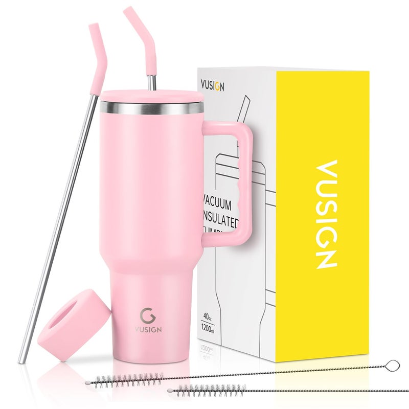 VUSIGN 40 oz Tumbler with Handle and Straw Lid Stainless Steel Vacuum Insulated Tumbler Travel Mug Water Bottle Cup for Water Iced Tea Coffee Smoothie Car Flamingo