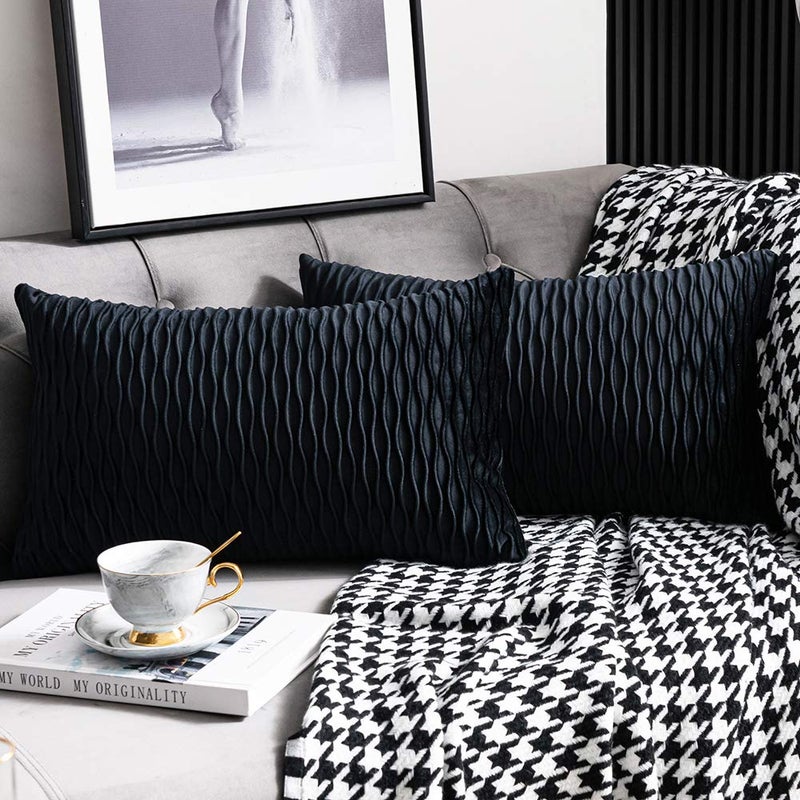 DEZENE Black Striped Decorative Pillow Covers 2 Pack 12x20 Inch Original Velvet Rectangular Throw Pillow Cases for Farmhouse Couch