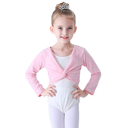 Soudittur Ballet Wrap Top Cotton Long Sleeve Dance Cardigan Shrug for Girls Black Pink White 3-13 Years (X-Small, Pink) - Image 1