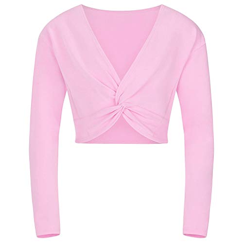 Soudittur Ballet Wrap Top Cotton Long Sleeve Dance Cardigan Shrug for Girls Black Pink White 3-13 Years (X-Small, Pink) - Image 4