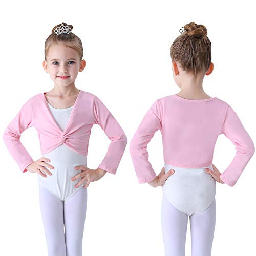 Soudittur Ballet Wrap Top Cotton Long Sleeve Dance Cardigan Shrug for Girls Black Pink White 3-13 Years (X-Small, Pink) - Image 2