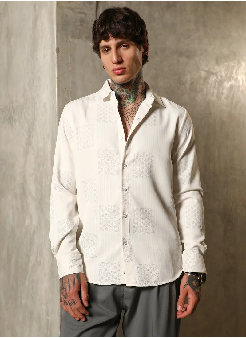 كامبوس سوترا Men's Daisy White Indie-Block Imprint Shirt For Casual Wear | Spread Collar | Long Cuffed Sleeves | Button Closure | Shirt Crafted With Comfort Fit For Everyday Wear