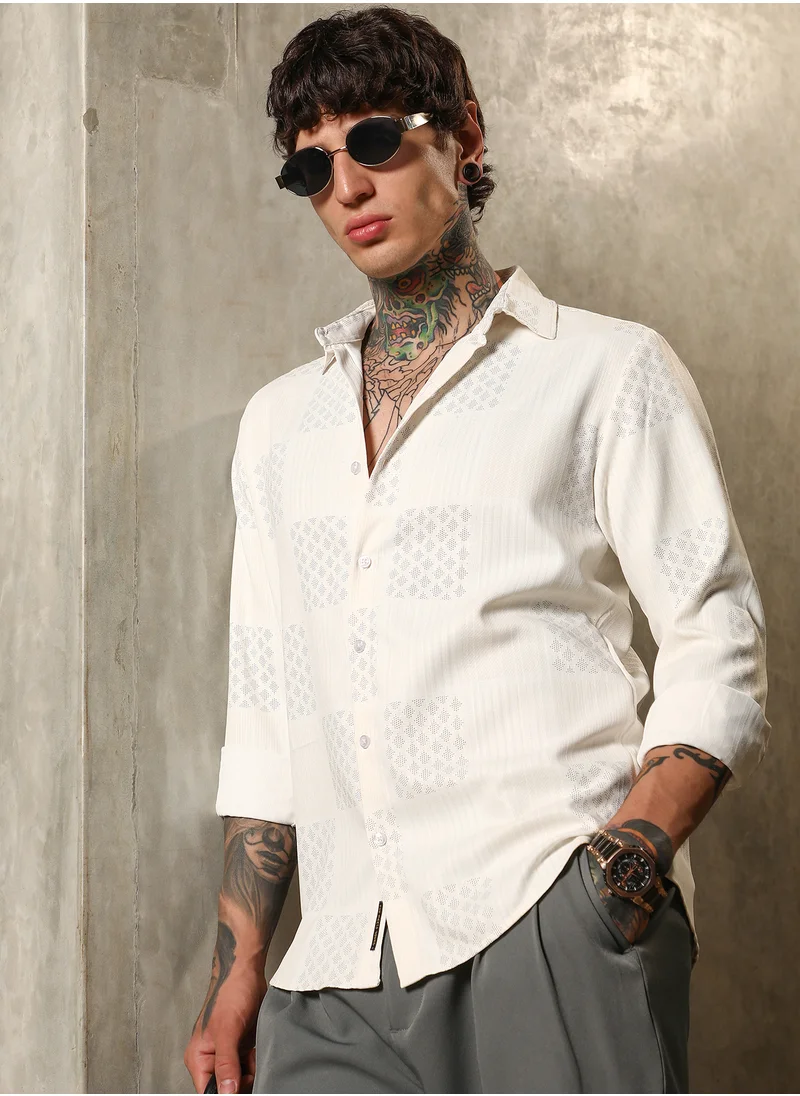 كامبوس سوترا Men's Daisy White Indie-Block Imprint Shirt For Casual Wear | Spread Collar | Long Cuffed Sleeves | Button Closure | Shirt Crafted With Comfort Fit For Everyday Wear