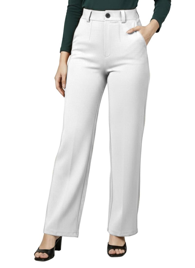 Mehrang Cotton Blend Bootcut Parallel Trouser Pants for Women Regular Fit, Side Pocket, Front Fly Zip Bellbottom Straight Pants for Womens (in, Alpha, L, Regular, White) - Image 1
