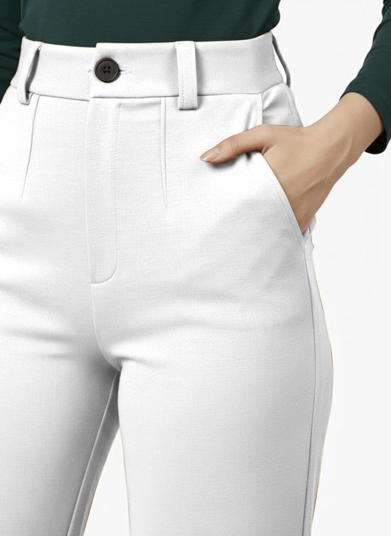 Mehrang Cotton Blend Bootcut Parallel Trouser Pants for Women Regular Fit, Side Pocket, Front Fly Zip Bellbottom Straight Pants for Womens (in, Alpha, L, Regular, White) - Image 5