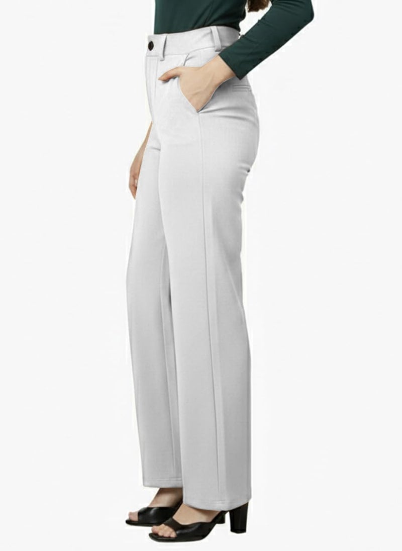 Mehrang Cotton Blend Bootcut Parallel Trouser Pants for Women Regular Fit, Side Pocket, Front Fly Zip Bellbottom Straight Pants for Womens (in, Alpha, L, Regular, White) - Image 3