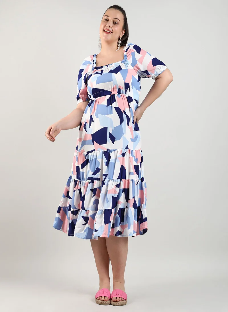 Instafab Plus Women's Multicolour Abstract Block Midi Dress For Casual Wear | Square Neck | Short Sleeve | Pull On Closure | Plus-Size Dress Crafted With Comfort With For Everyday Wear