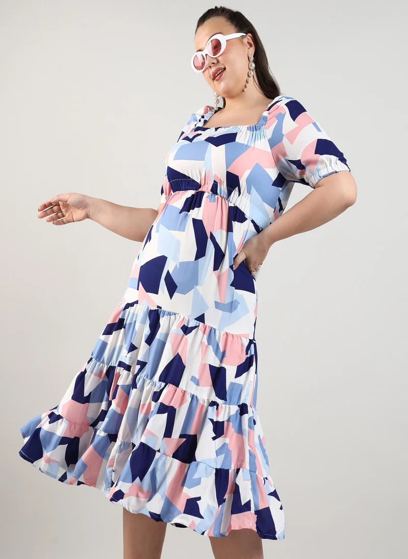 Instafab Plus Women's Multicolour Abstract Block Midi Dress For Casual Wear | Square Neck | Short Sleeve | Pull On Closure | Plus-Size Dress Crafted With Comfort With For Everyday Wear
