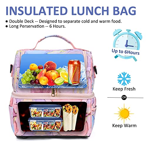 LOKASS Lunch Box for Women-Double Deck Insulated Adults Lunch Bag with Removable Shoulder Strap- Cute Wide Open Lunch Tote for Work/Office/Picnic/Beach/Travel (Pink) - Image 2