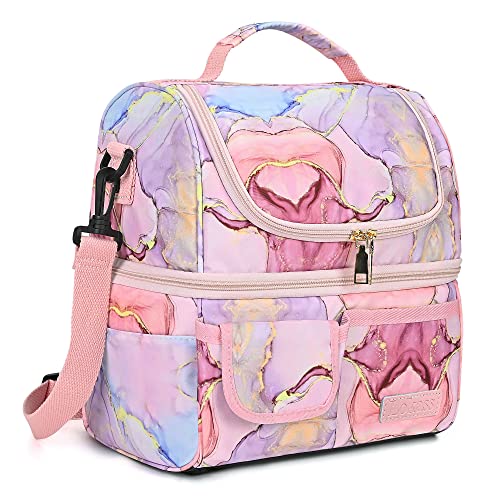 LOKASS Lunch Box for Women-Double Deck Insulated Adults Lunch Bag with Removable Shoulder Strap- Cute Wide Open Lunch Tote for Work/Office/Picnic/Beach/Travel (Pink) - Image 1