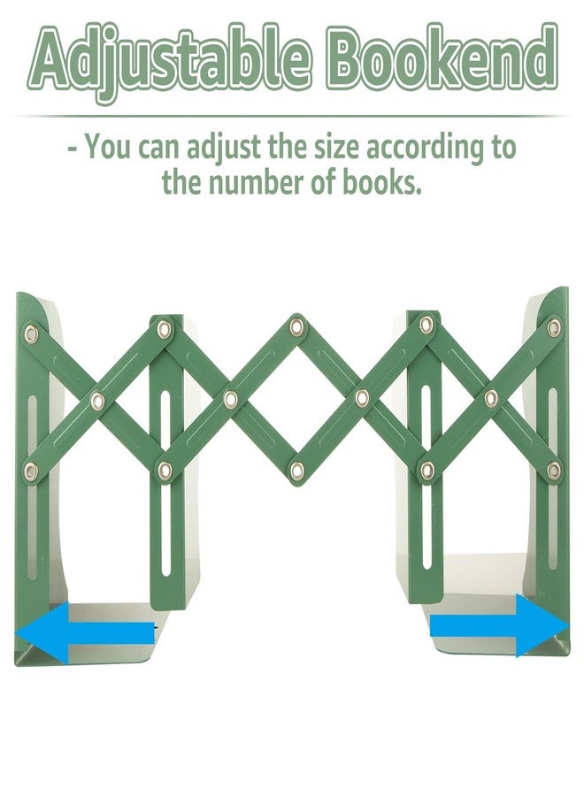 CYEAH 2 Pcs Adjustable Book Ends, Green Bookends for Shelves, Metal Book Ends for Heavy Books, Book Holders Organizer for Desk, Extends Up to 17 Inches Used in Office, Desk and School - Image 4