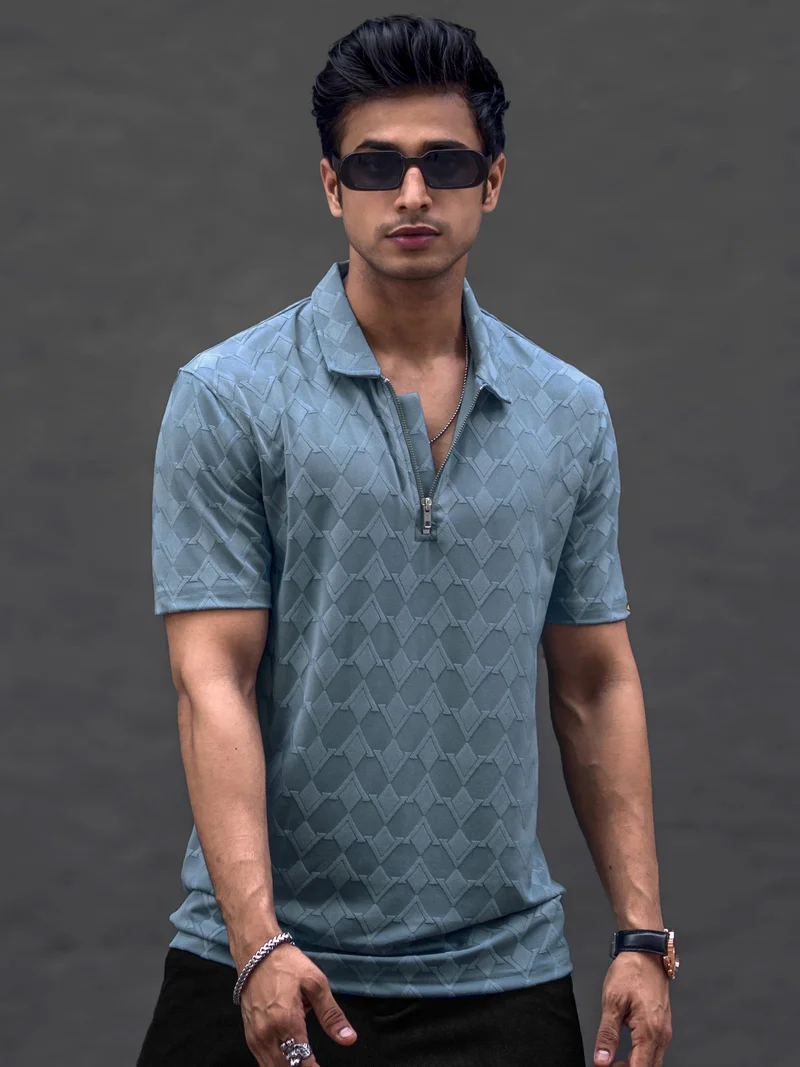 Maniac Maniac Mens Textured Full Sleeve Half Zipper Oversized  Dusty Green Cotton Polo T-shirt