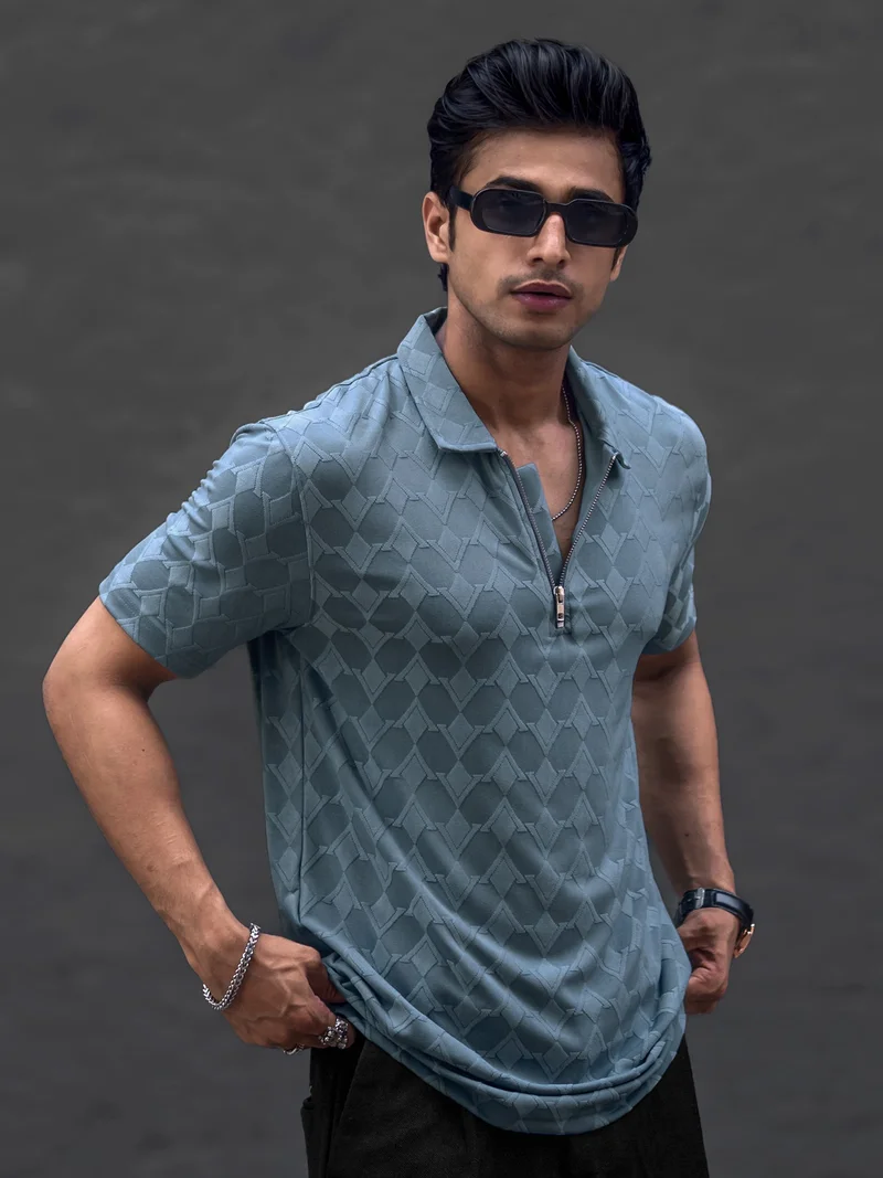 مانياك Maniac Mens Textured Full Sleeve Half Zipper Oversized  Dusty Green Cotton Polo T-shirt