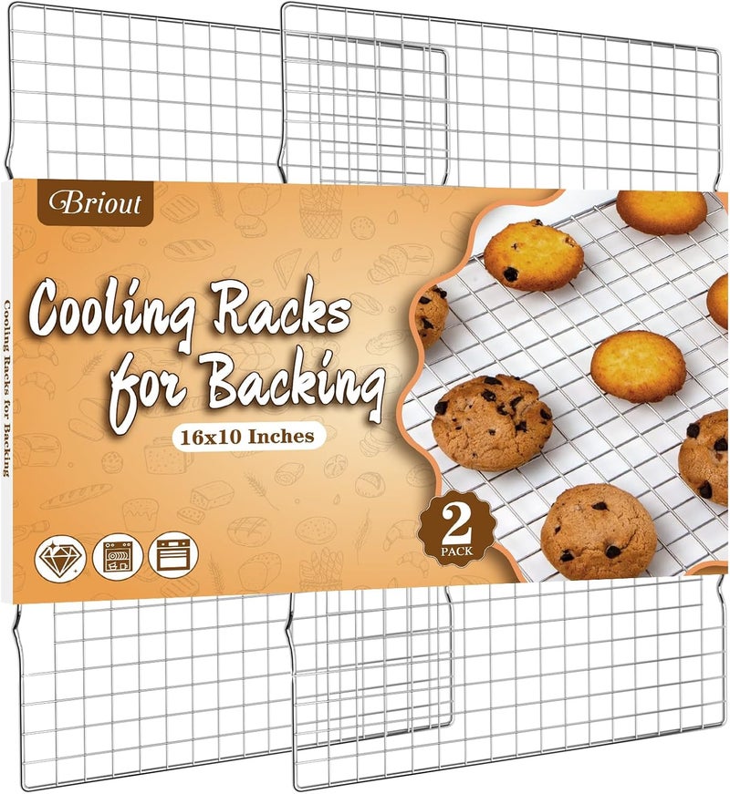 Briout Cooling Rack for Baking 2-Pack, 16x10 Inches Baking Rack, Thick Wire Cookie Rack for Cooking, Roasting, Grilling, Drying, Oven Safe, Fits Half Sheet Pan, Silver - Image 1