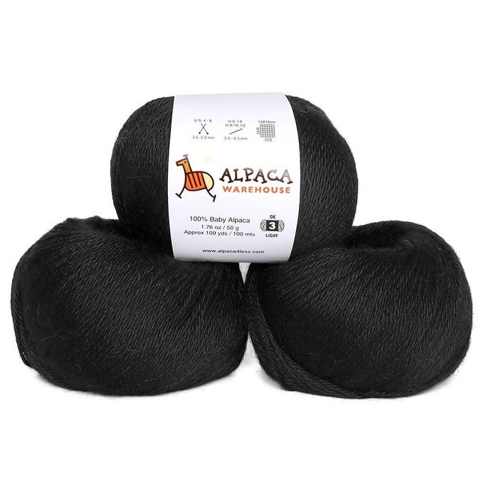 100 BABY ALPACA YARN WOOL SET OF 3 SKEINS DK WEIGHT MADE IN PERU HEAVENLY SOFT AND PERFECT FOR KNITTING AND CROCHETING BLACK DK
