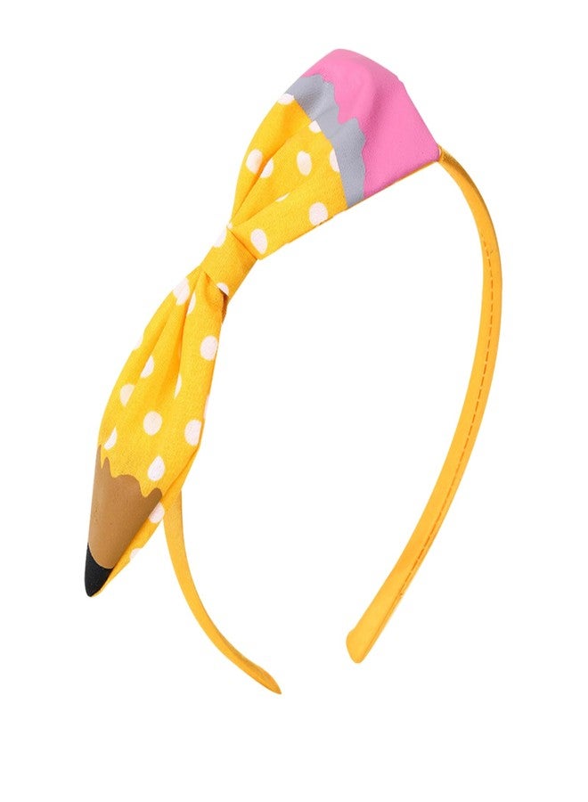 Macute Back to School Headband Yellow Pencil Headband Polka Dot Pattern Design Non Slip Headband Bow School Hair Band Hair Accessories for Girls Back To School Outfits 1PCS - Image 1