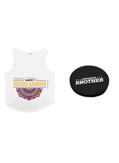 Dog T-Shirt With Rakhi Combo Happy Raksha Bandhan & Favorite Brother Printed Dog Round Neck Sleeveless Vest Tank T-Shirt & Rakhi+Fridge Magnet Happy Raksha Bandhan Special Crafted With Anti Chafing Elastic Band Gift For Bro/Boys Dogs (White/M)