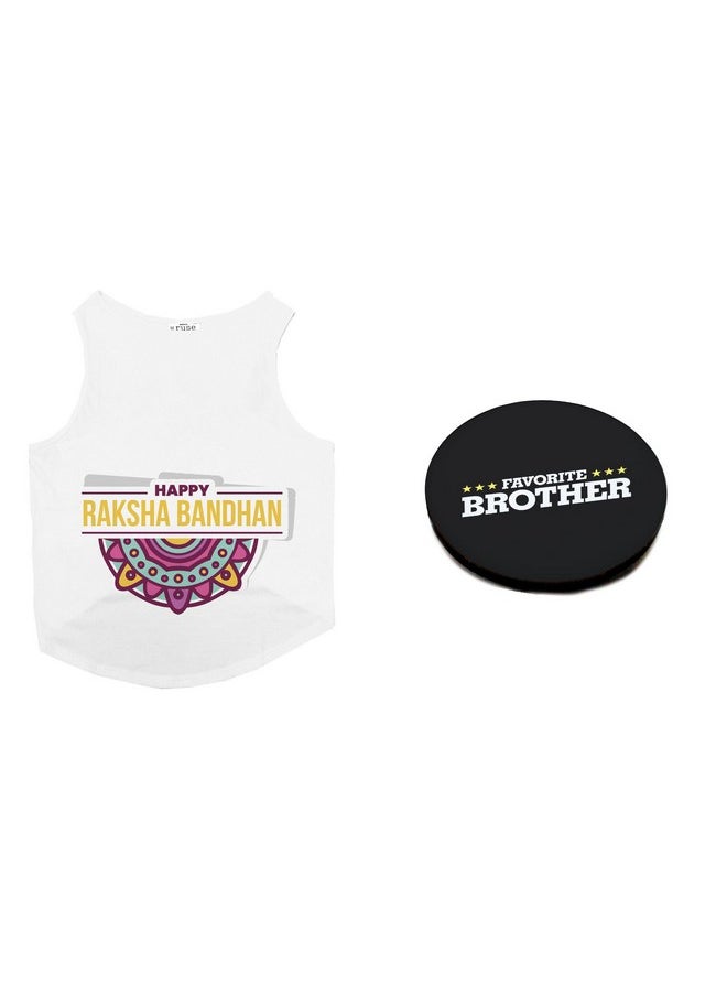 rusepin - Dog T-Shirt With Rakhi Combo Happy Raksha Bandhan & Favorite Brother Printed Dog Round Neck Sleeveless Vest Tank T-Shirt & Rakhi+Fridge Magnet Happy Raksha Bandhan Special Crafted With Anti Chafing Elastic Band Gift For Bro/Boys Dogs (White/M) - Image 1