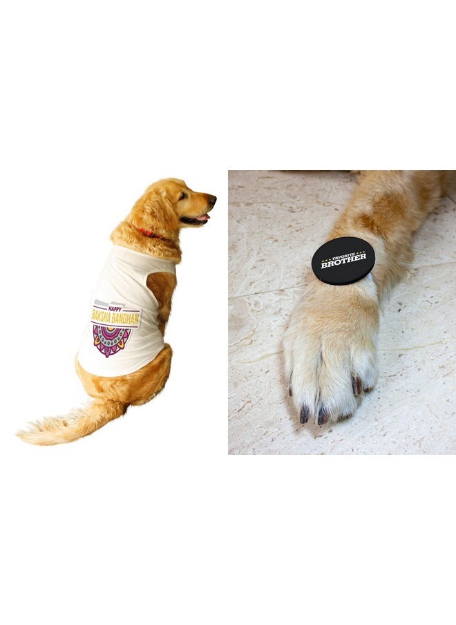 rusepin - Dog T-Shirt With Rakhi Combo Happy Raksha Bandhan & Favorite Brother Printed Dog Round Neck Sleeveless Vest Tank T-Shirt & Rakhi+Fridge Magnet Happy Raksha Bandhan Special Crafted With Anti Chafing Elastic Band Gift For Bro/Boys Dogs (White/M) - Image 1