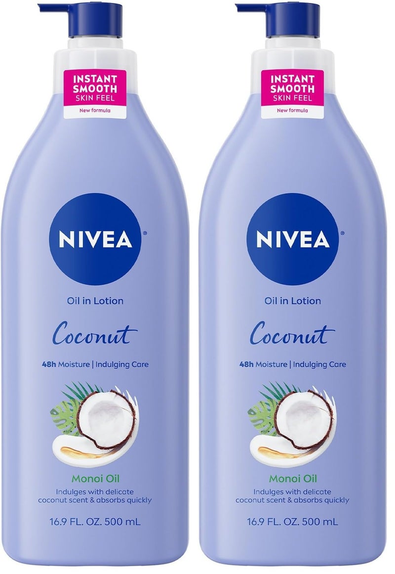 NIVEA Oil Infused Lotion Coconut and Monoi Oil Body Lotion for Women, Fast-Absorbing and Non-Greasy Coconut Scented Lotion Moisturizes for 48 Hours, 16.9 Fl Oz Pump Bottle (Pack of 2) - Image 1