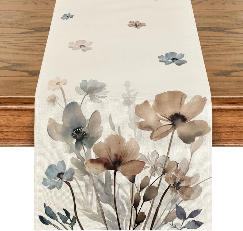 Brown Poppy Floral Leaves Table Runner 13x108 Inch - Image 1