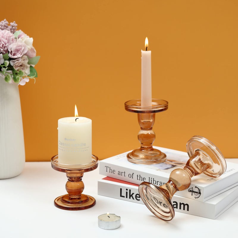 GMWD 3 Pcs Glass Candle Holder Set Clear, Amber Candlesticks Holders Pillar Taper Candles Tealight Stand for Wedding Centerpieces Home Decorations Dining Table - Image 5