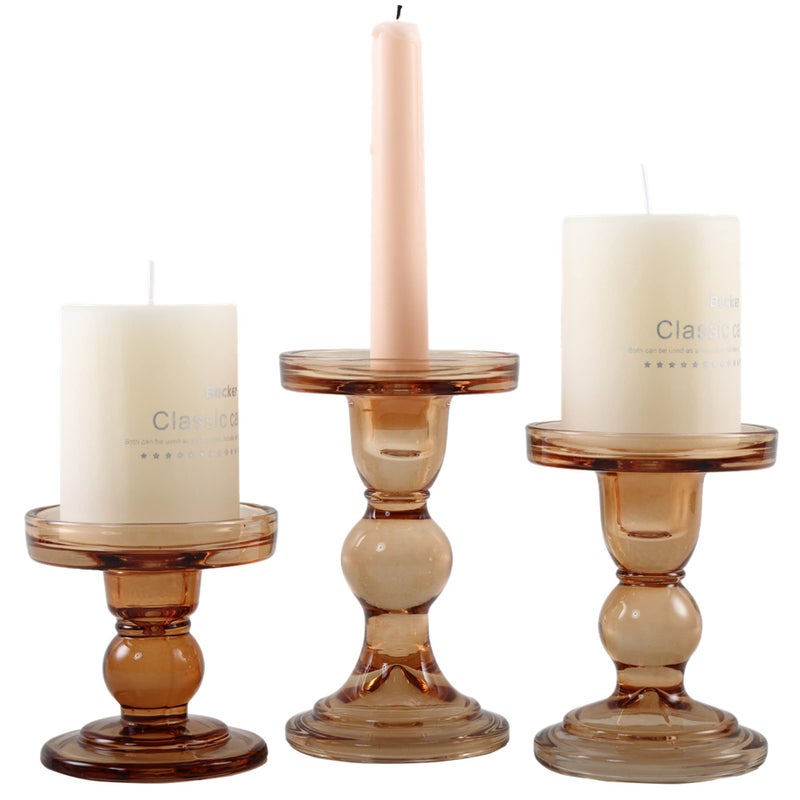 GMWD 3 Pcs Glass Candle Holder Set Clear, Amber Candlesticks Holders Pillar Taper Candles Tealight Stand for Wedding Centerpieces Home Decorations Dining Table - Image 1