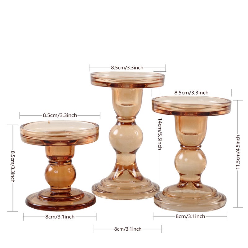 GMWD 3 Pcs Glass Candle Holder Set Clear, Amber Candlesticks Holders Pillar Taper Candles Tealight Stand for Wedding Centerpieces Home Decorations Dining Table - Image 2