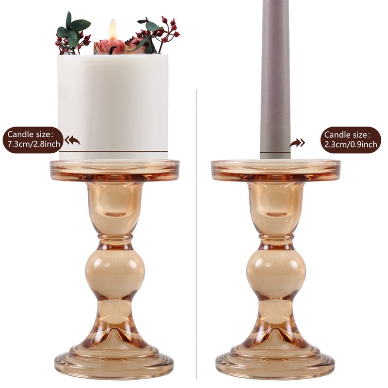GMWD 3 Pcs Glass Candle Holder Set Clear, Amber Candlesticks Holders Pillar Taper Candles Tealight Stand for Wedding Centerpieces Home Decorations Dining Table - Image 3