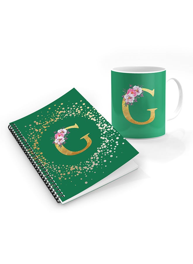 Printed Coffee Mug + A5 Spiral Notebook Memo Personalised Combo Gift Set Custom Monogram Initial Letter Floral Pattern Alphabet -  G (Spring Green)