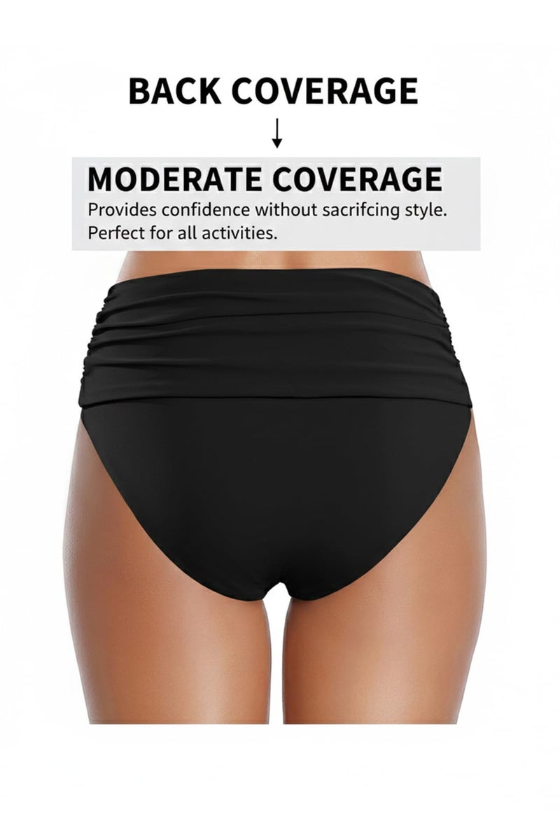 Tempt Me Women's Black High Waisted Bikini Bottom Tummy Control Ruched Bathing Suit Swim Bottom M - Image 3