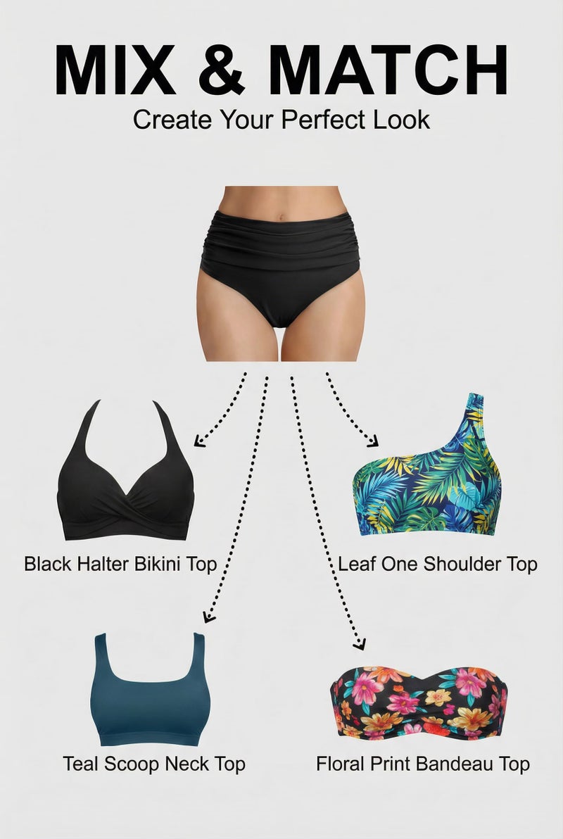 Tempt Me Women's Black High Waisted Bikini Bottom Tummy Control Ruched Bathing Suit Swim Bottom M - Image 5