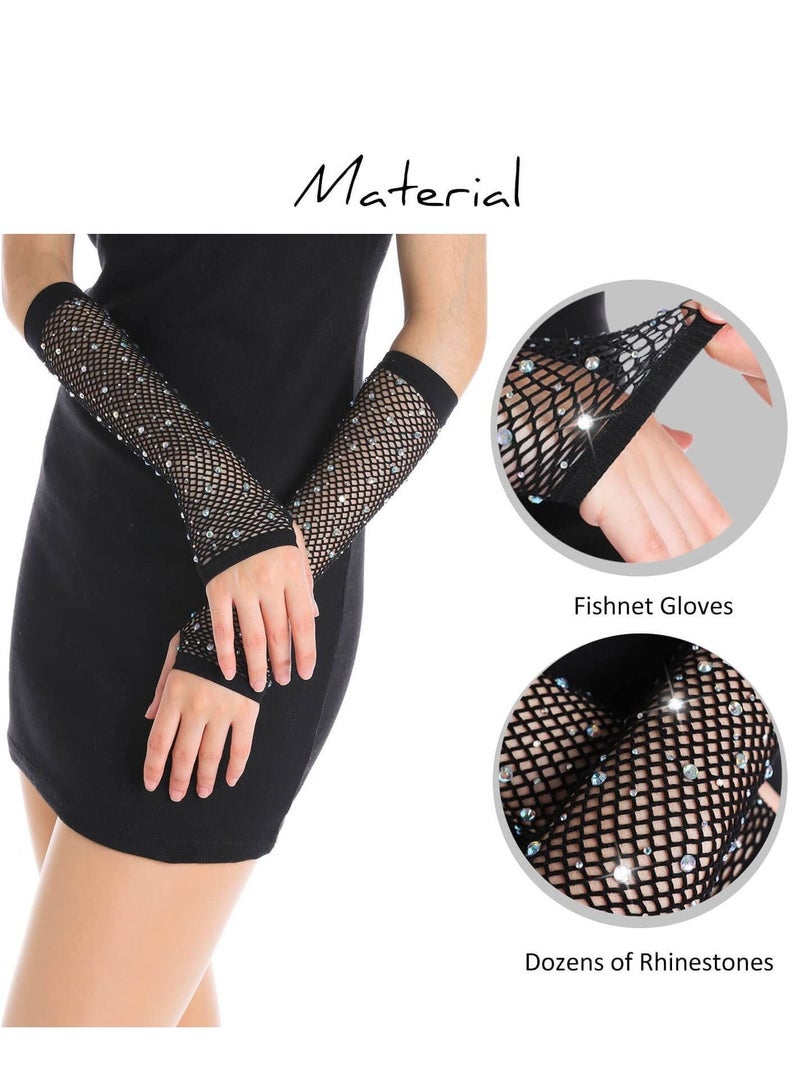 KASTWAVE Black Fishnet Long Gloves, Women Girls 1920s Retro Five Finger Arm Sleeves with Rhinestone Clothing Accessory for Prom Party  - Image 2