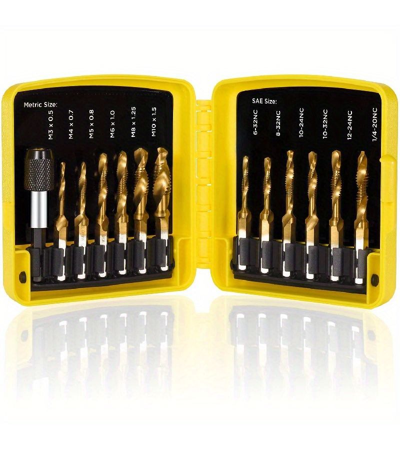 Yellow 2 In 1 13pc Drill Tap Combo Set Metric SAE For Metal Thread Tapping - Image 2