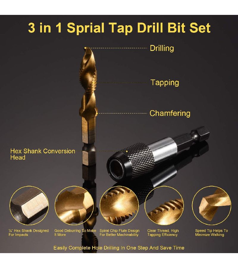 Yellow 2 In 1 13pc Drill Tap Combo Set Metric SAE For Metal Thread Tapping - Image 5