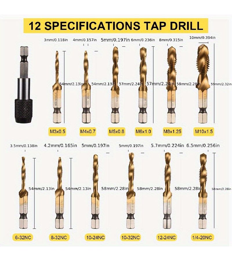 Yellow 2 In 1 13pc Drill Tap Combo Set Metric SAE For Metal Thread Tapping - Image 4