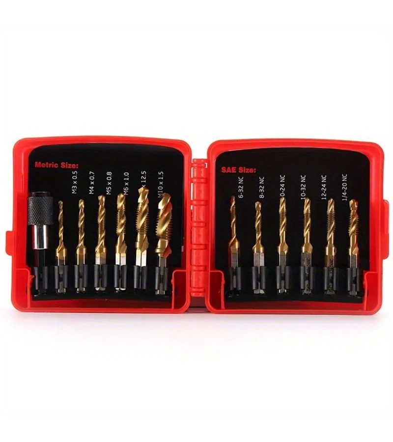 Yellow 2 In 1 13pc Drill Tap Combo Set Metric SAE For Metal Thread Tapping - Image 3