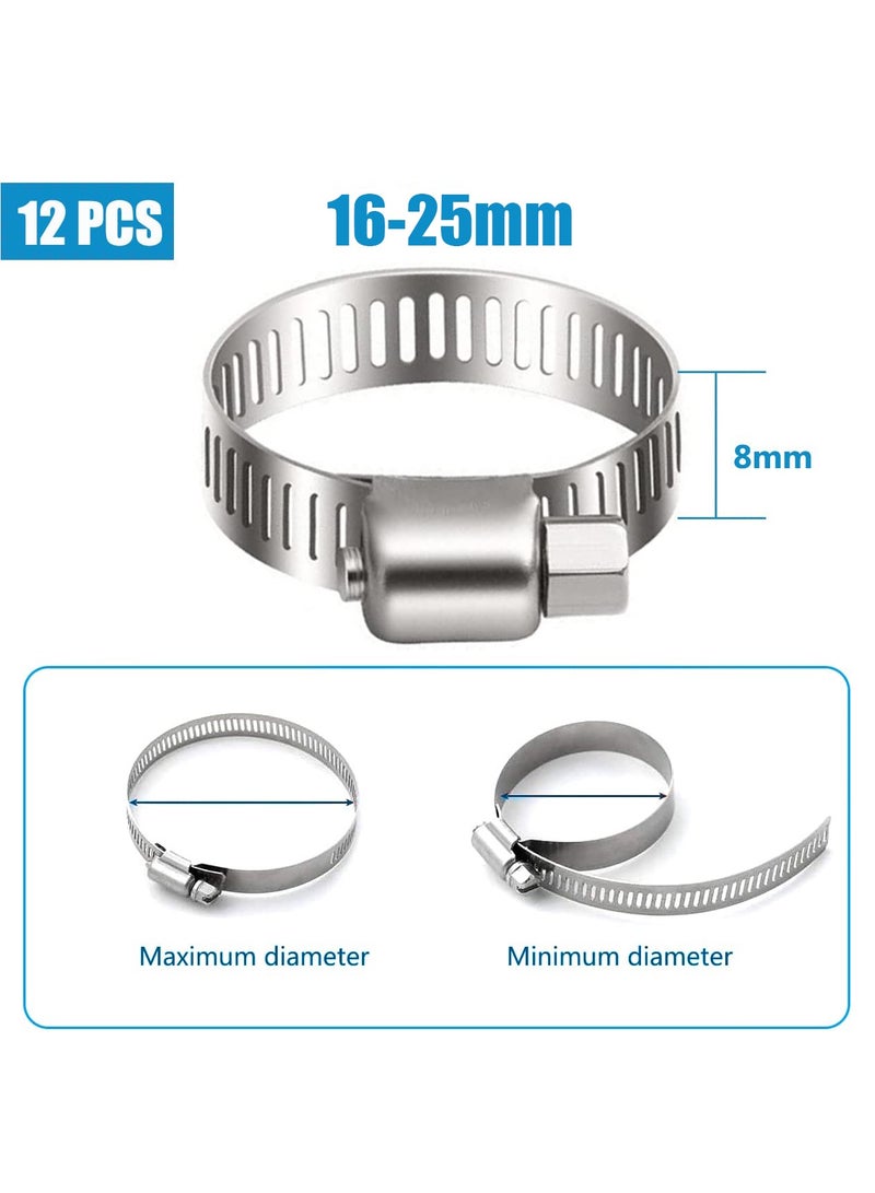 SANMUGEED 16-25mm Stainless Steel Hose Clips, 12PCS Worm Gear Hose Clamps Pipe Clamp Jubilee Clips, Duct Clamp Fuel Line Clamp for Plumbing Automotive Pool Car Pond and Garden - Image 2