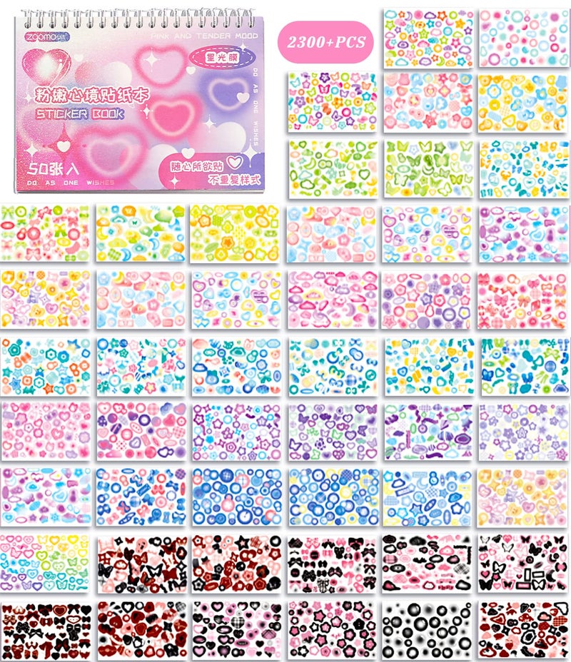 DAPUTOU 2300PCS Scrapbook Stickers Cute Butterfly Stars Heart Stickers Self Adhesive Korean Bows Ribbons Stickers Book for Kids Girls Boys Aesthetic Craft Scrapbooking Junk Journal Diary 50Page