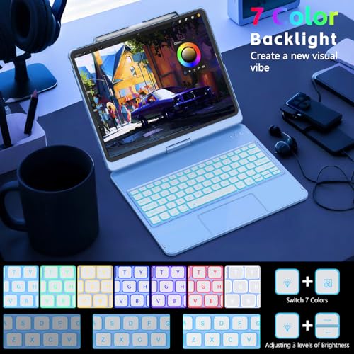 FUWANG Touch Keyboard Case for iPad Air 13 inch (M3 2025/M2 2024) and iPad Pro 12.9 6th 5th 4th 3rd Gen, 360° Swivel 7 Colors Backlit for iPad Air 13 inch Case Keyboard with Multi-Touch Trackpad,Blue - Image 4