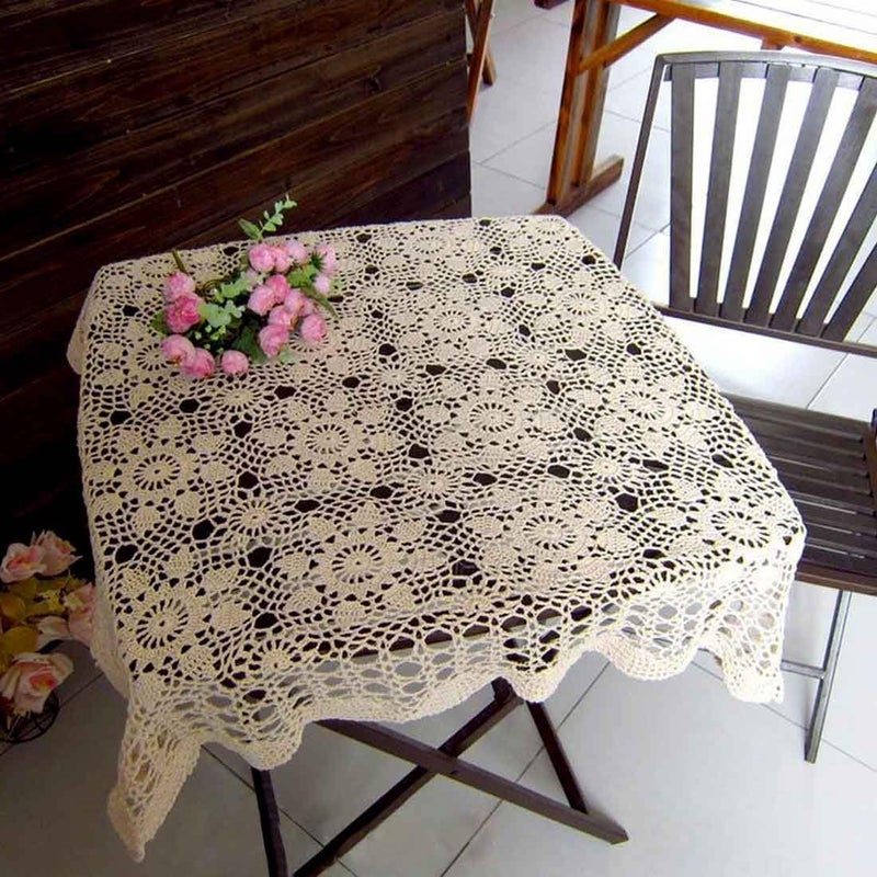kilofly Handmade Crochet Cotton Lace Table Placemats Sofa Doilies Square Beige 23 inch - Image 5
