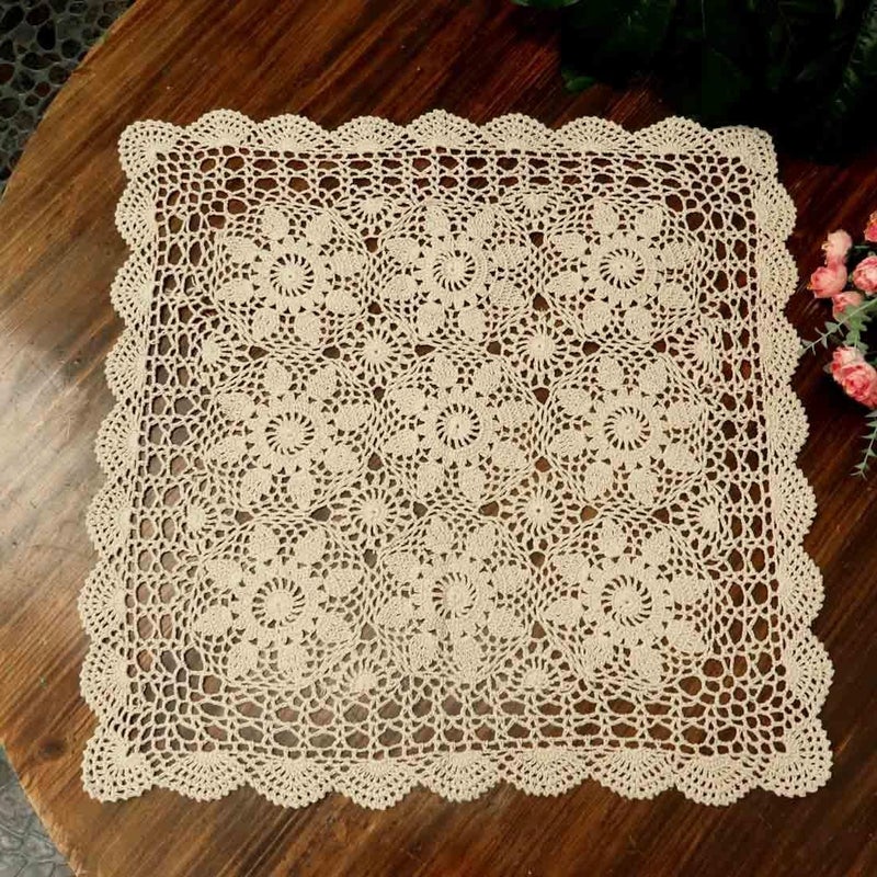 kilofly Handmade Crochet Cotton Lace Table Placemats Sofa Doilies Square Beige 23 inch - Image 4