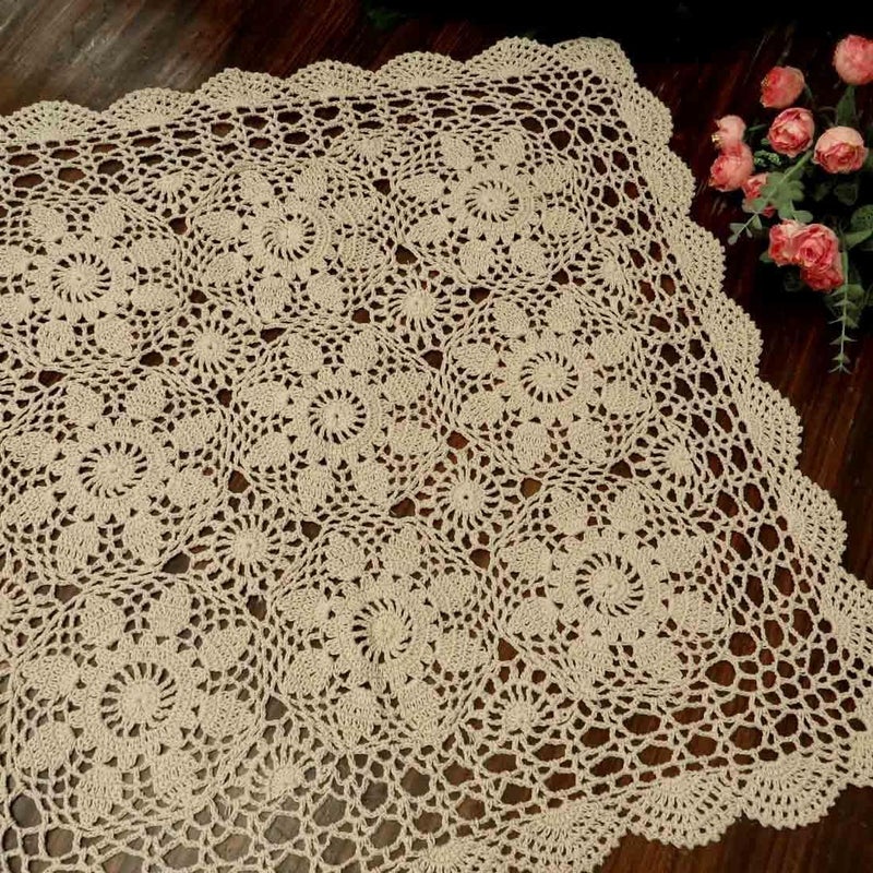 kilofly Handmade Crochet Cotton Lace Table Placemats Sofa Doilies Square Beige 23 inch - Image 3