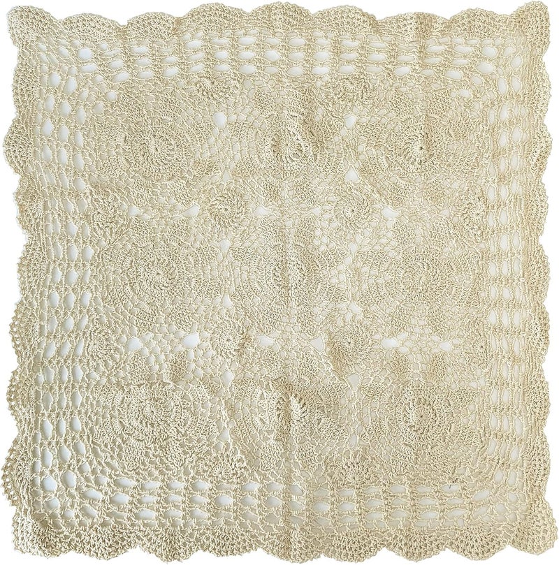 kilofly Handmade Crochet Cotton Lace Table Placemats Sofa Doilies Square Beige 23 inch - Image 1