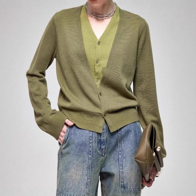 Autumn 2024 New Gentle Comfortable Niche Fake Two-piece Soft Cashmere Wool Stacked Sweater Cardigan for Women Almond green