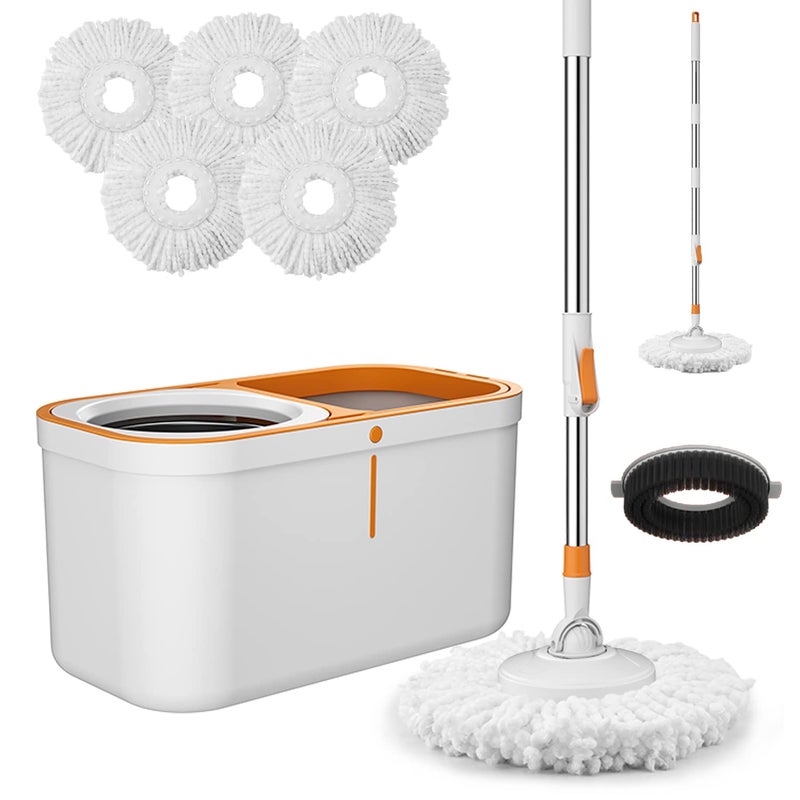 Spin Mop Bucket with Wringer System Extended Mop Handle 61Mop and Bucket for Floors Cleaning with 5 Replacement Head Refill 1 Cleaning Brush Head